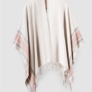 Siizu by Causebox Fringed Shawl Shrug Poncho in Cream Pink Gray.